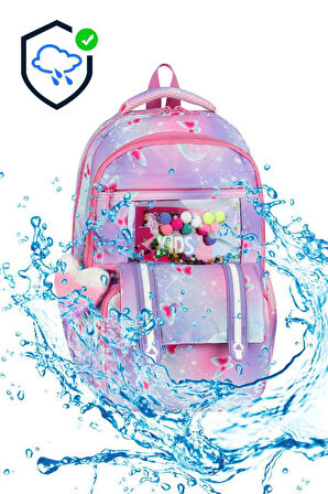 İlkokul Çantası Kız Çocuk 3'lü Set 42*30 Cm Beslenme Çantası Kalem Kutusu Ortopedik Su İtici Kumaş