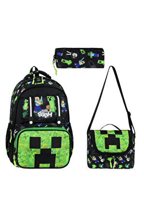 İlkokul Çantası MineCraft 3'lü Set 42*30 Cm Beslenme Çantası Kalem Kutusu Ortopedik Erkek Çocuk
