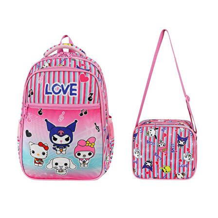 İlkokul Çantası Kuromi 2'li Set 40*30 Cm Beslenme Çantası Ortopedik Sırt Çantası Kız Çocuk