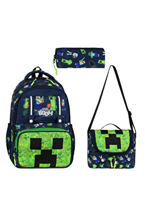 İlkokul Çantası MineCraft 3'lü Set 42*30 Cm Beslenme Çantası Kalem Kutusu Ortopedik Erkek Çocuk
