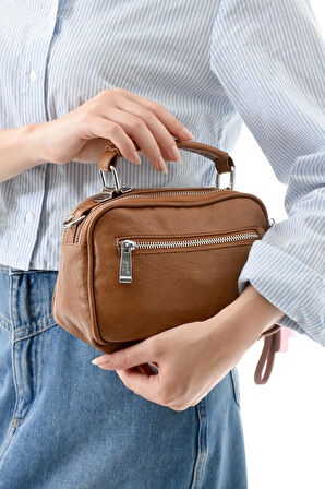 Vegan Deri Kadın Postacı Çanta 21*15 Cm Yıkama Suni Deri Omuz Çantası Çapraz Askılı Çanta