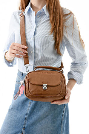 Vegan Deri Kadın Postacı Çanta 21*15 Cm Yıkama Suni Deri Omuz Çantası Çapraz Askılı Çanta