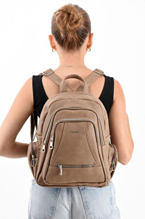 Suni Deri Kadın Sırt Çantası 35*25 Cm Mega Bag Günlük Kullanıma Uygun Çok Cepli İçi Astarlı