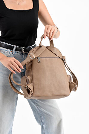 Suni Deri Kadın Sırt Çantası 35*25 Cm Mega Bag Günlük Kullanıma Uygun Çok Cepli İçi Astarlı