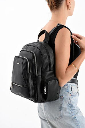 Suni Deri Kadın Sırt Çantası 35*25 Cm Mega Bag Günlük Kullanıma Uygun Çok Cepli İçi Astarlı