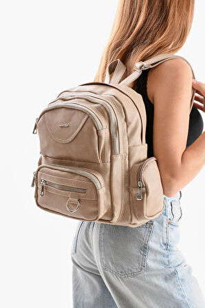 Suni Deri Kadın Sırt Çantası 38*28 Cm Mega Bag Günlük Kullanıma Uygun Çok Cepli İçi Astarlı
