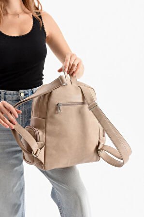 Suni Deri Kadın Sırt Çantası 38*28 Cm Mega Bag Günlük Kullanıma Uygun Çok Cepli İçi Astarlı