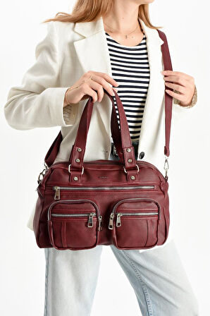 Suni Deri Kadın Omuz Çantası 35*25 Cm Çapraz Askılı Postacı Çanta Çok Cepli Vegan Deri Kol Çantası