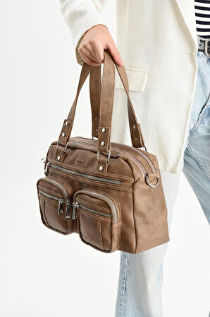 Suni Deri Kadın Omuz Çantası 35*25 Cm Çapraz Askılı Postacı Çanta Çok Cepli Vegan Deri Kol Çantası