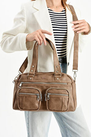 Suni Deri Kadın Omuz Çantası 35*25 Cm Çapraz Askılı Postacı Çanta Çok Cepli Vegan Deri Kol Çantası