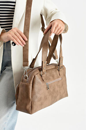 Suni Deri Kadın Omuz Çantası 35*25 Cm Çapraz Askılı Postacı Çanta Çok Cepli Vegan Deri Kol Çantası