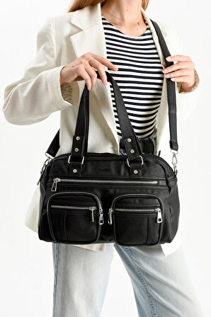 Suni Deri Kadın Omuz Çantası 35*25 Cm Çapraz Askılı Postacı Çanta Çok Cepli Vegan Deri Kol Çantası