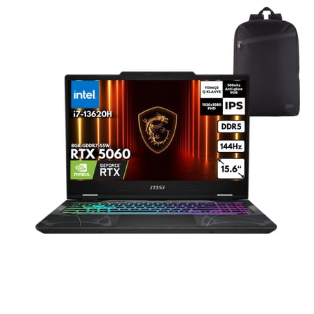MSI CYBORG 15 i7-13620H 48 -GBDDR5 1 TBSSD RTX5060 (8GB-GDDR7-55W) 15.6" FHD 144Hz IPS-Level Windows 10 Pro + QB Sırt Çantası B13WFKG-495XTRQB39