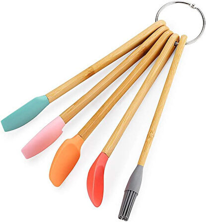 Bambu Silikon Pasta Seti 23 cm Mini Ahşap 5 Parça Yapışmaz Pasta Spatula Seti 