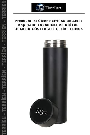 Premium Isı Ölçer Harfli Suluk Akıllı Kap HARF TASARIMLI VE DİJİTAL SICAKLIK GÖSTERGELİ ÇELİK TERMOS