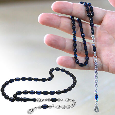 Kararmaz Metal Arnavut Zincir Püsküllü Arpa Kesim Koyu Lacivert Bilek Boy Sıkma Kehribar Tesbih