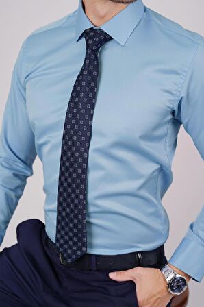 Gömlek Kravat Seti ( Lacivert Turuncu Desenli Kravat&Şeker Mavisi Saten Slimfit Gömlek)