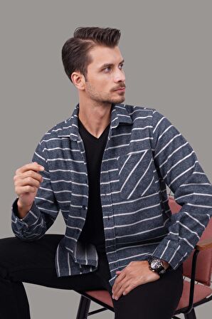 Mavi Beyaz Çizgili Oversize Erkek Gömlek