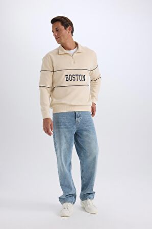 DeFacto Relax Fit Dik Yaka Fermuarlı Baskılı Kalın Sweatshirt D2166AX24AUER42
