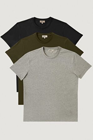 Erkek Siyah-Haki-Gri Melanj Slim Fit Bisiklet Yaka 3'lü %100 Pamuk Tişört Paketi