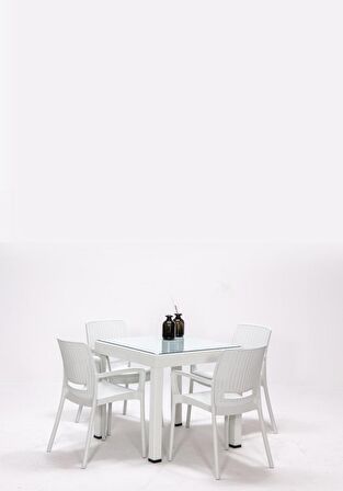 Rattan Small Lüx Camlı Beyaz Masa Takımı Bahçe&balkon 1 Camlı Masa + 4 Sandalye