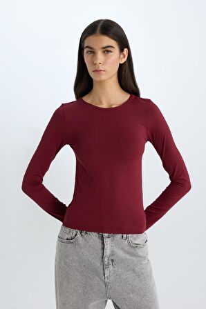 DeFacto Slim Fit Dar Kesim Bisiklet Yaka Basic Düz Uzun Kollu Tişört D3756AX24WNBR248