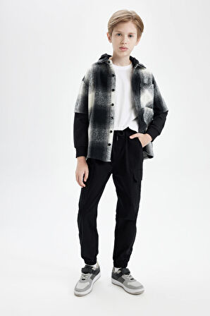 DeFacto Erkek Çocuk Kargo Cepli Beli Bağcıklı Lastikli Paça Cepli Siyah Jogger Gabardin Pantolon A9393A824AUBK81