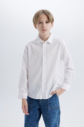Erkek Çocuk Regular Fit Polo Yaka Dokulu Uzun Kollu Gömlek