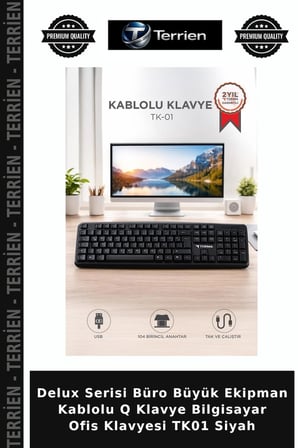 Delux Serisi Büro Büyük Ekipman Kablolu Q Klavye Bilgisayar Ofis Klavyesi TK01 Siyah