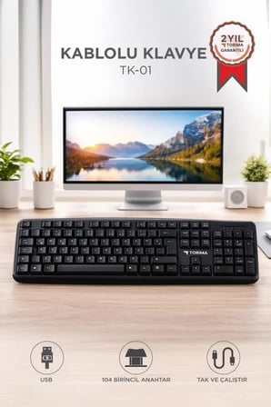 Delux Serisi Büro Büyük Ekipman Kablolu Q Klavye Bilgisayar Ofis Klavyesi TK01 Siyah