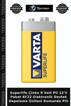 Superlife Çinko 9 Volt Pil 12'li Paket 6F22 Elektronik Destek Depolama Ünitesi Kumanda Pili