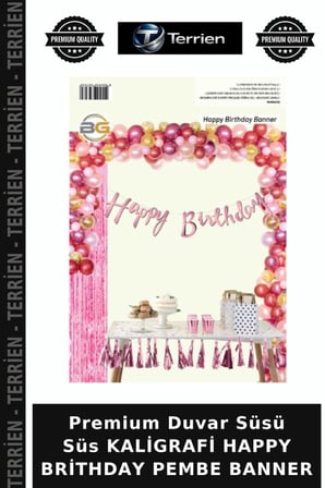 Premium Duvar Süsü Süs KALİGRAFİ HAPPY BRİTHDAY PEMBE BANNER