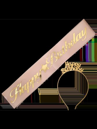 Özel Üretim Parti Kuşağı Eğlence Aksesuarı Kutlama Ürünü METAL TAÇ KUŞAK SET HAPPY PEMBE GOLD