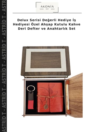 Delux Serisi Değerli Hediye İş Hediyesi Özel Ahşap Kutulu Kahve Deri Defter ve Anahtarlık Set