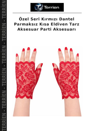 Özel Seri Kırmızı Dantel Parmaksız Kısa Eldiven Tarz Aksesuar Parti Aksesuarı