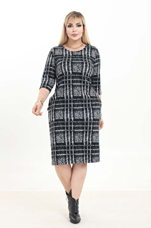 Çift Cepli Desenli Esnek Kışlık Büyük Beden Midi Elbise 8D-2742