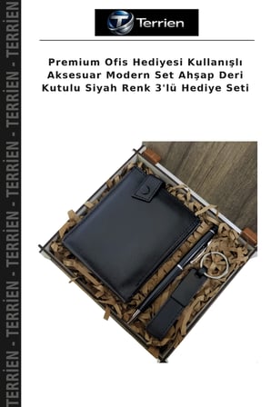Premium Ofis Hediyesi Kullanışlı Aksesuar Modern Set Ahşap Deri Kutulu Siyah Renk 3'lü Hediye Seti