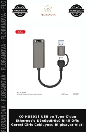 XO HUB018 USB ve Type-C'den Ethernet'e Dönüştürücü RJ45 Ofis Gereci Giriş Cokluyucu Bilgisayar Aleti