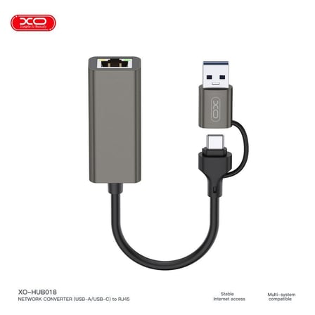XO HUB018 USB ve Type-C'den Ethernet'e Dönüştürücü RJ45 Ofis Gereci Giriş Cokluyucu Bilgisayar Aleti