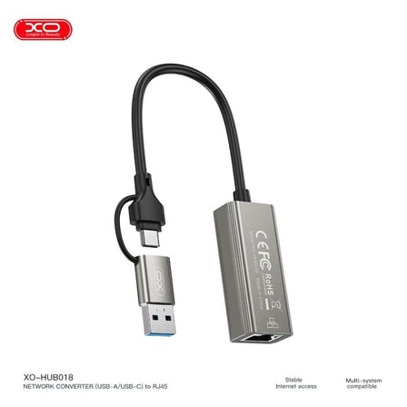 XO HUB018 USB ve Type-C'den Ethernet'e Dönüştürücü RJ45 Ofis Gereci Giriş Cokluyucu Bilgisayar Aleti