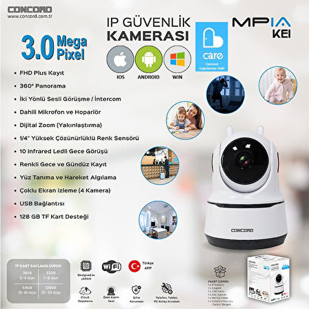 Concord Ip Smart Kamera 3mp 3.6mm Wifi Renkli Gece Görüş Mpia-Kei