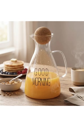 1 Adet Cam Sürahi – 1500 ML Mantar Kapaklı, Şeffaf Good Morning Tasarımlı Ergonomik Kulplu Pitcher Jug Carafe