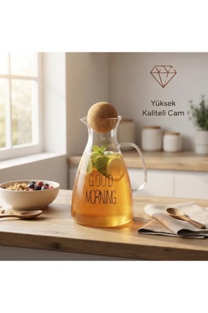 1 Adet Cam Sürahi – 1500 ML Mantar Kapaklı, Şeffaf Good Morning Tasarımlı Ergonomik Kulplu Pitcher Jug Carafe