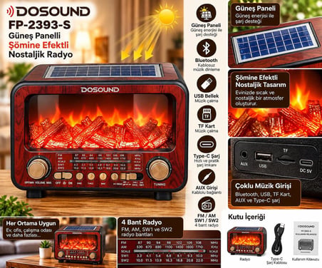 DOSOUND FP-2393-S Şömine Efektli Bluetooth Nostaljik Radyo
