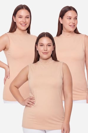 Delux Serisi Tarz Sade Bayan Kadın Büyük Beden Balıkçı Yaka Kolsuz Body Ten 3'lü Paket