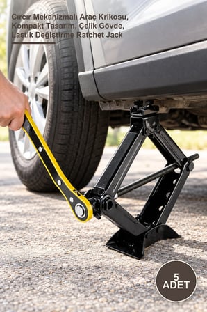 5 Adet 1.5 Ton Cırcır Kollu Kriko – Cırcır Mekanizmalı Araç Krikosu, Kompakt Tasarım, Çelik Gövde, Lastik Değiştirme Ratchet Jack