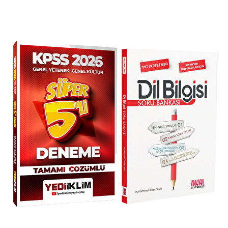 Yediiklim 2026 KPSS GY GK Tamamı Çözümlü Süper 5 li Deneme ve AKM Dil Bilgisi Soru Bankası Seti 2 Kitap