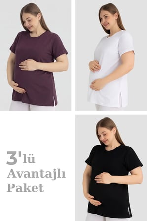 Delux Serisi Avantajlı Moda Yazlık Pamuklu Kısa Kollu Hamile Tişört 3'lü Paket