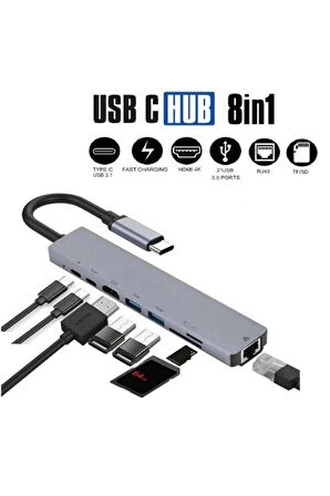 8 In 1 Ethernet Sd Usb Type C Hub Hdmı Girişli Macbook Çevirici 8in1