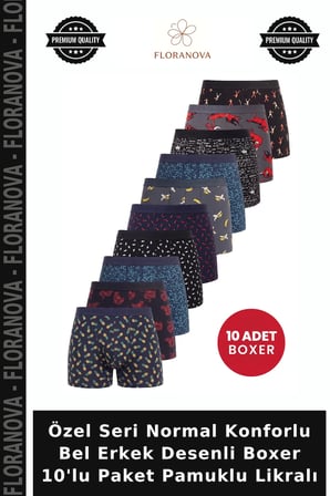 Özel Seri Normal Konforlu Bel Erkek Desenli Boxer 10'lu Paket Pamuklu Likralı